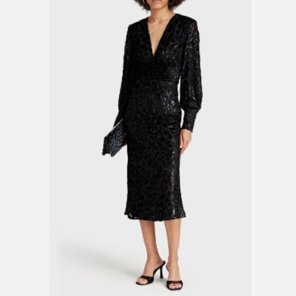 Rebecca Vallance Black Aspen Draped Leopard Print Metallic Velvet Midi Dress Sz6 - Picture 1 of 15